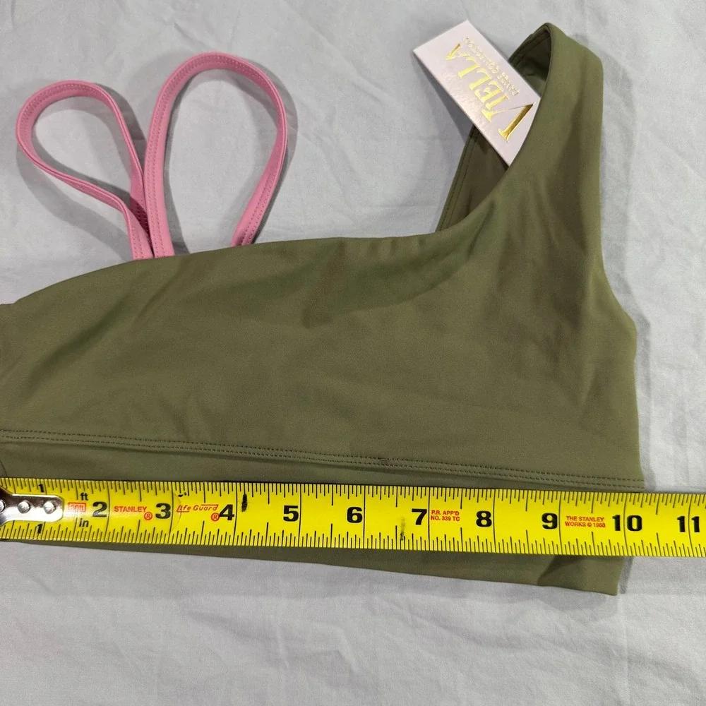 Viella Dance Collection Kids One Shoulder Sports Bra Olive Green Pink Size M NEW